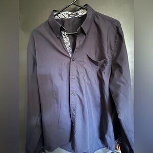 Hisdern Men’s L Long Sleeve Navy Button Down -Gorgeous Cuff & Neck Collar Design